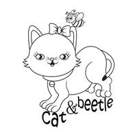 outline of cute cat and cute beetle vector