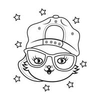 outline of cat head wearing hat and glasses vector