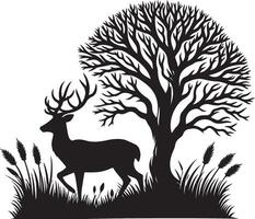 A deer is standing on grass, black color silhouette vector