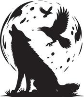 Howling Wolf Crow Moon Animal, black color silhouette vector