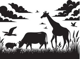 natural animal cow is grazing on the grass. black color silhouette vector