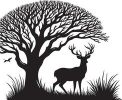 A deer is standing on grass, black color silhouette vector