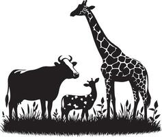 natural animal cow is grazing on the grass. black color silhouette vector