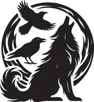 Howling Wolf Crow Moon Animal, black color silhouette vector