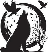 Howling Wolf Crow Moon Animal, black color silhouette vector