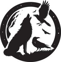 Howling Wolf Crow Moon Animal, black color silhouette vector
