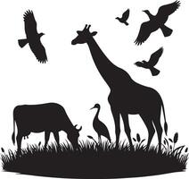 natural animal cow is grazing on the grass. black color silhouette vector