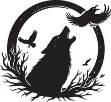 Howling Wolf Crow Moon Animal, black color silhouette vector