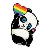 Cute little panda holding a rainbow LGBT heart. Pride month sticker vector