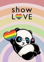 Show love card with cute panda holding a heart on LGBT rainbow background. Pride month card vector