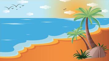 playa costa con palmas y calma agua. puesta de sol en océano, naturaleza mar paisaje antecedentes. marina noche. panorama puesta de sol ilustración , antecedentes verano tiempo, sencillo ilustración vector
