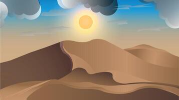 Cartoon style desert landscape with hot sun light, gray clouds. Desert wild panoramic shadow light landscape with dunes illustration. 3d realistic background of sand dunes. Desert Landscape. vector