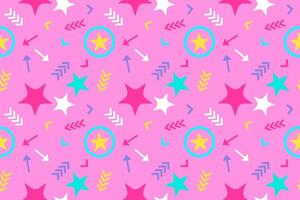 Colorful Memphis style seamless pattern featuring stars and arrows on a pink background. Perfect for textiles, backgrounds, and design. vector