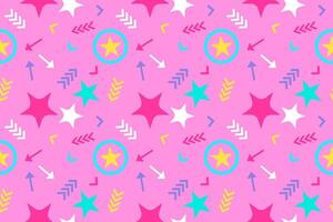 Colorful Memphis style seamless pattern featuring stars and arrows on a pink background. Perfect for textiles, backgrounds, and design. vector