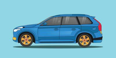 Dark blue color modern car side view flat illustration with outline stroke on isolated background vector