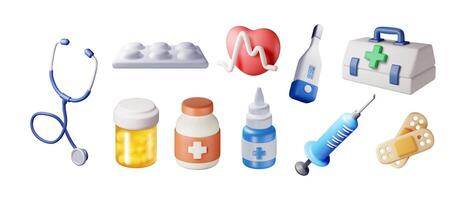 3d medicine icon set isolated. Render medical collection. Spray, pills, first aid kit, thermometer, syringe, heartrate, stethoscope. Healthcare hospital and medical diagnostics vector