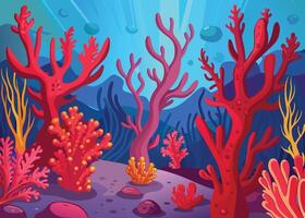 Brightly colored coral reef with sun rays shining through the water- vector