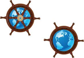 Nautical steering wheels with world maps vector