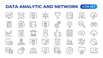 grande datos análisis Delgado línea icono colocar. datos Procesando contorno pictogramas para sitio web y móvil aplicación interfaz gráfica de usuario digital analítica sencillo ui, ux íconos vector