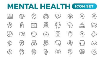 mental salud contorno icono colocar. conteniendo depresión, bipolar, trastorno de estrés postraumático, pánico y mente trastorno iconos psicología sólido símbolo ilustración. vector