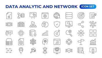 Big data analysis thin line icon set. Data processing outline pictograms for website and mobile app GUI. Digital analytics simple UI, UX icons vector