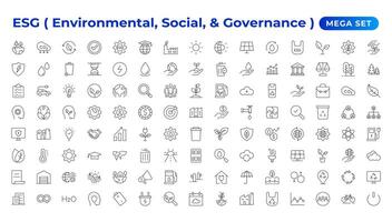 ESG icon set, Environmental, Social, and Governance line icon. ESG outline icons with editable stroke collection. Includes Sustainability, Solar Panel, Recycling, Green City illustrations.. vector