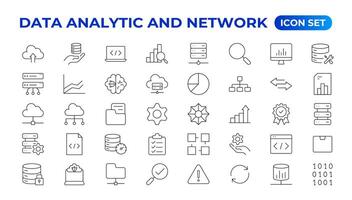 grande datos análisis Delgado línea icono colocar. datos Procesando contorno pictogramas para sitio web y móvil aplicación interfaz gráfica de usuario digital analítica sencillo ui, ux íconos vector