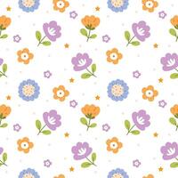 Seamless pattern with spring meadow, various wildflowers. Delicate floral print, romantic botanical background with cornflowers, other flowers, leaves on a light pink background. vector