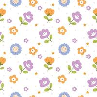 Seamless pattern with spring meadow, various wildflowers. Delicate floral print, romantic botanical background with cornflowers, other flowers, leaves on a light pink background. vector