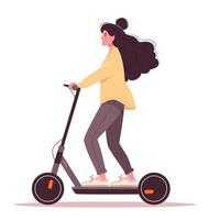 niña montando eléctrico scooter. diario rutinas y todos los días ocupaciones de joven mujer gastar hora caminando.moderno transporte. plano dibujos animados ilustración. vector