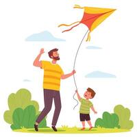 Father and son fly kite together.Family, man parent and boy child outdoor on summer holiday. Flat hand draw vector