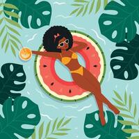 Relaxed black lady floating on inflatable ring and enjoying her cocktail drink at pool, top view. Tropical leaves, a lifebuoy in the form of a watermelon.Flat illustration vector