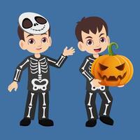 Happy cute kid boy in skeleton costume holding big spooky pumpkin celebrating festival Halloween vector