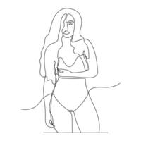 Continuous one Line drawing of Woman in Swimsuit. illustration Summer holiday happiness of carefree joyful girl with long hair vector