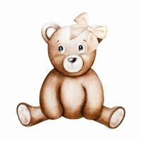 Watercolor cute cartoon teddy bear with pastel ribbon bow. Hand drawn baby illustration isolated on white background. Lovely toy for baby and kids new born celebration, designers, prints, baby sh vector