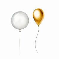 Watercolor golden and silver foil balloons on a strings. Hand drawn birthday and party yellow and grey decoration isolated on white background. Shiny element for designers, prints, baby shower, postc vector