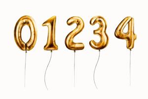 Watercolor set of golden foil balloons digits 0-4. Hand drawn birthday party numbers zero, one, two, three, four on strings for decoration isolated on white background. Shiny element for designers vector