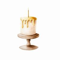 acuarela cumpleaños, fiesta pastel con dorado vela en un madera pararse. mano dibujado dorado crema ilustración aislado en blanco antecedentes. brillante elemento para desi vector