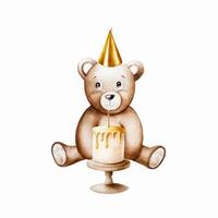 Watercolor cute cartoon teddy bear with golden birthday, holiday cap and cake with golden candle on a wood stand. Hand drawn baby illustration isolated on white background. Lovely toy for b vector