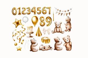 Watercolor isolated birthday illustration set with cute cartoon teddy bears, golden foil balloon numbers, holiday cake, present box, candles, ribbon and streamer. Hand drawn birthday party zero, vector