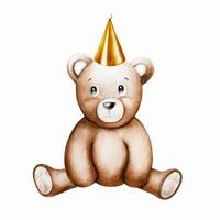 Watercolor cute cartoon teddy bear with golden birthday, holiday cap. Hand drawn baby illustration isolated on white background. Lovely toy for baby and kids new born celebration, designers, prints, vector