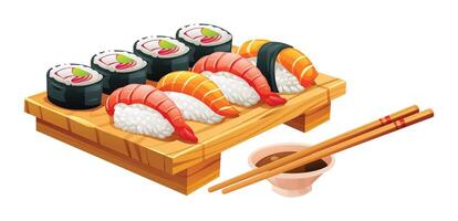 Illustration of sushi platter with various nigiri and maki rolls. Japanese food isolated on white background vector