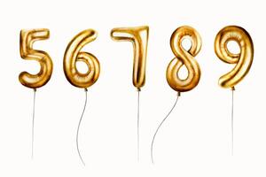 Watercolor set of golden foil balloons digits 5-9. Hand drawn birthday party numbers five, six, seven, eight, nine on stings for decoration isolated on white background. Shiny element for designers, vector