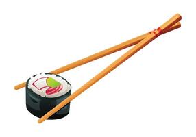 A piece of sushi roll held with chopsticks. Japanese food illustration vector