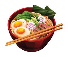 Ramen soup with noodles, eggs, meat, and vegetables in a bowl illustration. Japanese food isolated on white background vector