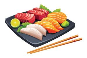 Illustration of assorted sashimi with lime and wasabi in a black plate. Japanese food isolated on white background vector