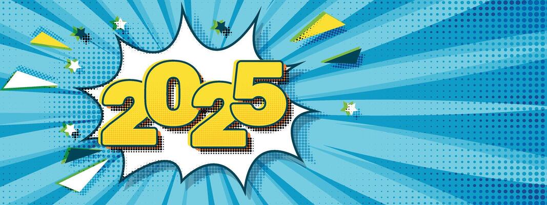 2025 numbers and Abstract blue halftone background. Pop art comics book. Funny retro pattern. Vintage backdrop