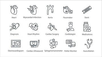 Cardiology line icon set. Heart, ECG, stent, aorta, pacemake, myocardial infarction, sphygmomanometer, holter monitor, rhythm, medications, diagnosis, scalpel, surgery illustration. Editable vector