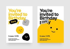 Birthday invitation layout template. Design with colorful cartoon characters and eye catching typography for your flyer, poster, cover, brochure or banner. vector