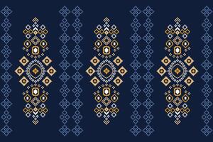 Traditional ethnic motifs ikat geometric fabric pattern cross stitch.Ikat embroidery Ethnic oriental Pixel navy blue background. Abstract,illustration. Texture,decoration,wallpaper. vector